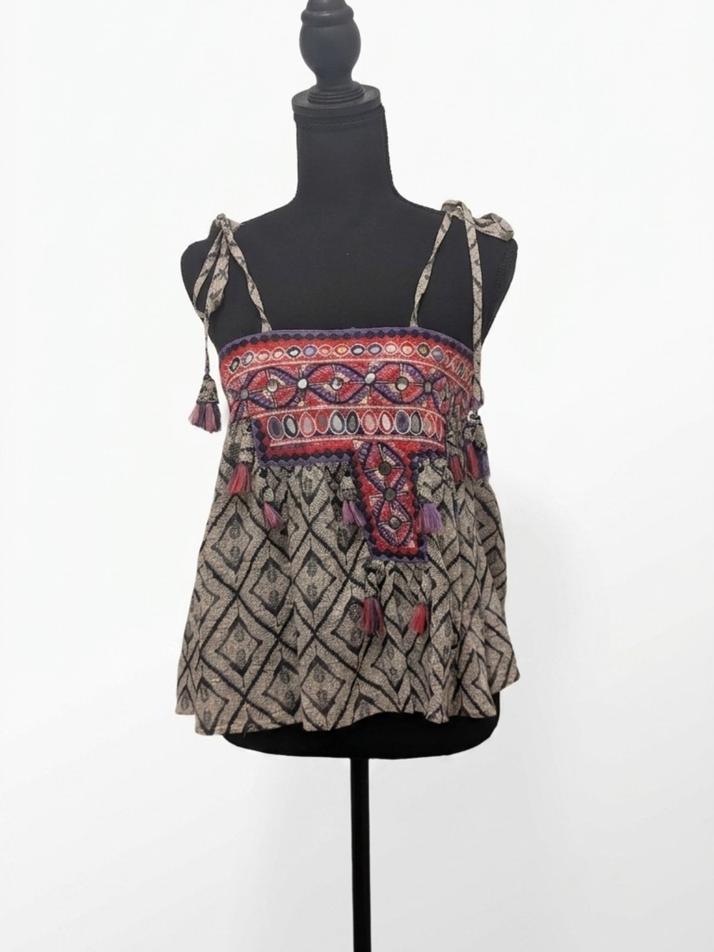 RAGA 100% Cotton Embroidered Mirror Work Tassel Tie Babydoll Cami Top